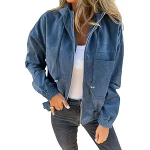 Women's Real Teal Corduroy Hooded Zip-Up Jacket