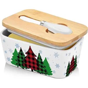 Ceramic Christmas Butter Dish with Lid Knife, Christmas Tree Plaid Kitchen Countertop Decor