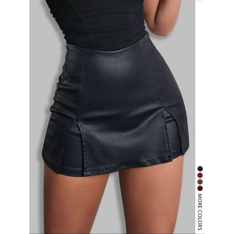 Women's Solid Color Zipper Split Hem High Waist Skirt Shorts, Fashion Casual Pu Leather Skirt Shorts for Daily Outdoor Wear, Ladies Bottoms , Womenswear Gift