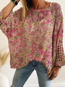 Women's Knitted Long Sleeve Top, Casual Elegant Commuter Wear, Colorblock Floral Print, Batwing Shoulder Design, All Seasons