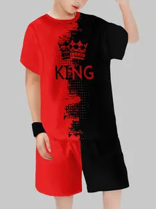 Boys' King Crown Short Sleeve Set, Cool Warrior Style Two-Piece, Cartoon Pattern, Casual Fitted Top Outfit