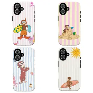 FL-Curious Georgeee Summer Beach Stripe Phone Case, Cute Tropical Vacation Kawaii Shockproof Cover For iPhone 11 12 13 14 15 16 17 Air Pro Max for Samsung S26 S25 S24 S23 S22 S21 Case,Gift for her/him ,Cute Monkey Cartoon Phone Case