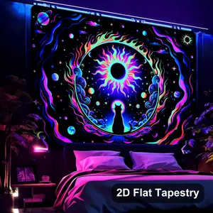 2D Flat Tapestry, 1pc UV Reactive Blacklight Cat Tapestry, Halloween Tapestry - Glow in The Dark Space Design with Moon & Stars, Large Wall Hanging for Bedroom, Dorm, Live Streaming Background, Wall Hanging Decor, Gift Idea, Tapestry
