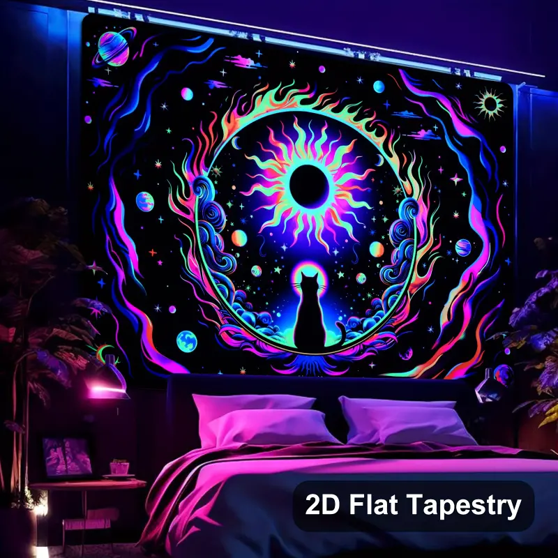 2D Flat Tapestry, 1pc UV Reactive Blacklight Cat Tapestry, Halloween Tapestry - Glow in The Dark Space Design with Moon & Stars, Large Wall Hanging for Bedroom, Dorm, Live Streaming Background, Wall Hanging Decor, Gift Idea, Tapestry
