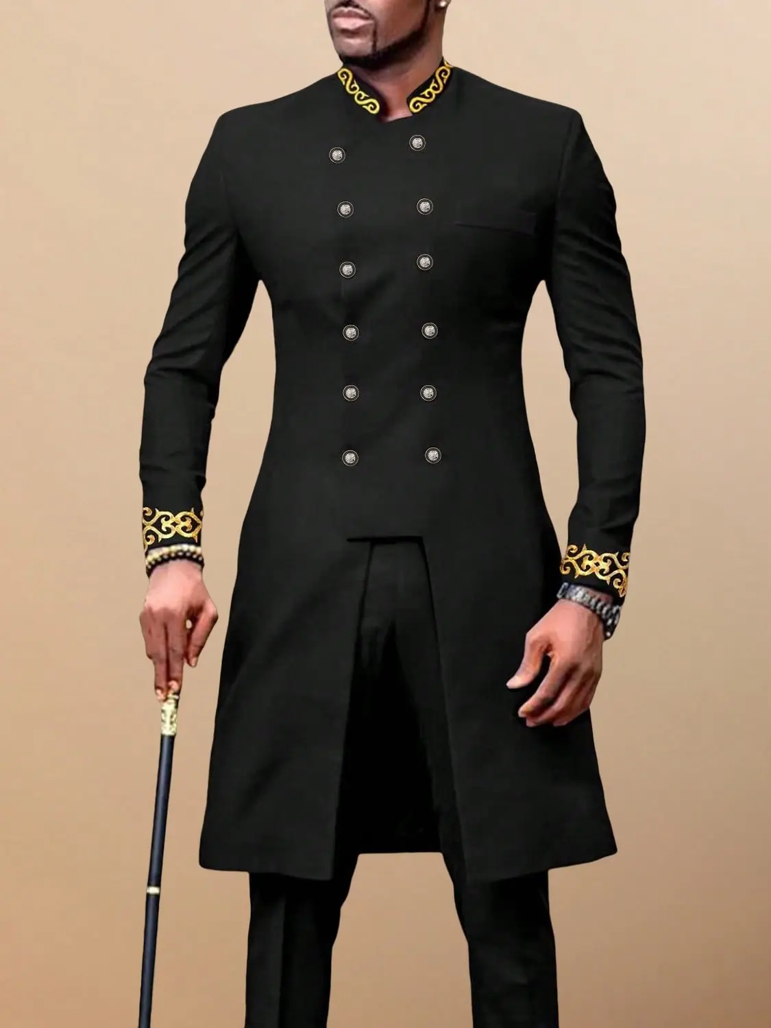 Men's 2-Piece Elegant Black Dashiki Double Breasted Longsleeves Plain Blazer & Matching Trousers Set, Golden Embroidery, Stand Collar, Elastic Waist, African Menswear, New Arrival, Suitable For Banquets, Traditional Ceremonies, Formal, Cultural, Clothes,,