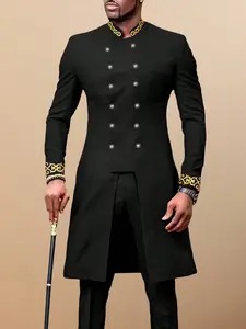 2Pcs/Set Men's Black Dashiki Double Breasted Long Blazer With Trousers, Golden Embroidery, Long Sleeve, Stand Collar, Elastic Waist Pants, African Clothing, New Arrival For All Seasons, Suitable For Banquets, Cultural Events, Traditional Ceremonies