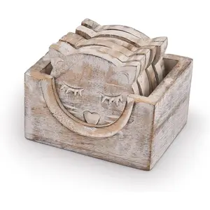 Unique and adorable wooden handmade cat-shaped coaster set (6 pieces) with stand, suitable for bar counters, dining tables, and home decoration.