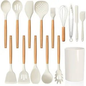 Kitchen Utensils Set with Holder - 15 Count Nonstick Cooking Utensils Set for Non-Ladle Spatulas with Wooden Handle, Heat Resistant Design