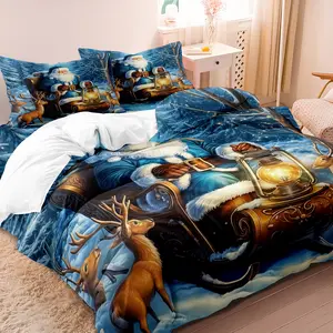3pcs Blue Santa Claus Bedding Set Christmas Reindeer Cover Set Christmas Pine Forest Comforter Cover Decorative Duvet Cover Bedroom Decor Guest Room 2D Christmas Gifts Flat Printing (Includes 1 Duvet Cover + 2 Pillowcases Coreless)