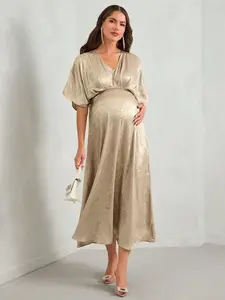 ELLIOTTWII Flowing Long Sleeve Maternity Dress Khaki Party  Outfit