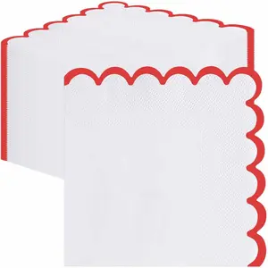 50 Pieces 3-ply Red Scalloped Disposable Paper Napkins Folded 5 x 5 Inches for Cocktail Dinner Wedding Birthday Party