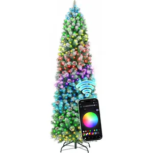 6 ft Prelit Christmas Tree with 233 LED Lights, App Control, Slim Pencil Christmas Tree, Multi-Color RGBW Lights, 588 Flocked Frosted Tips, Xmas Tree, 51 Pine Cones, for Home, Party
