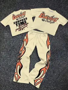 Summer Boy Set, Flame Letter Pattern T-Shirt & Bell Bottoms, Boys' Sports Wear, Graphic Top, Two-Piece Set, Kids Fashion