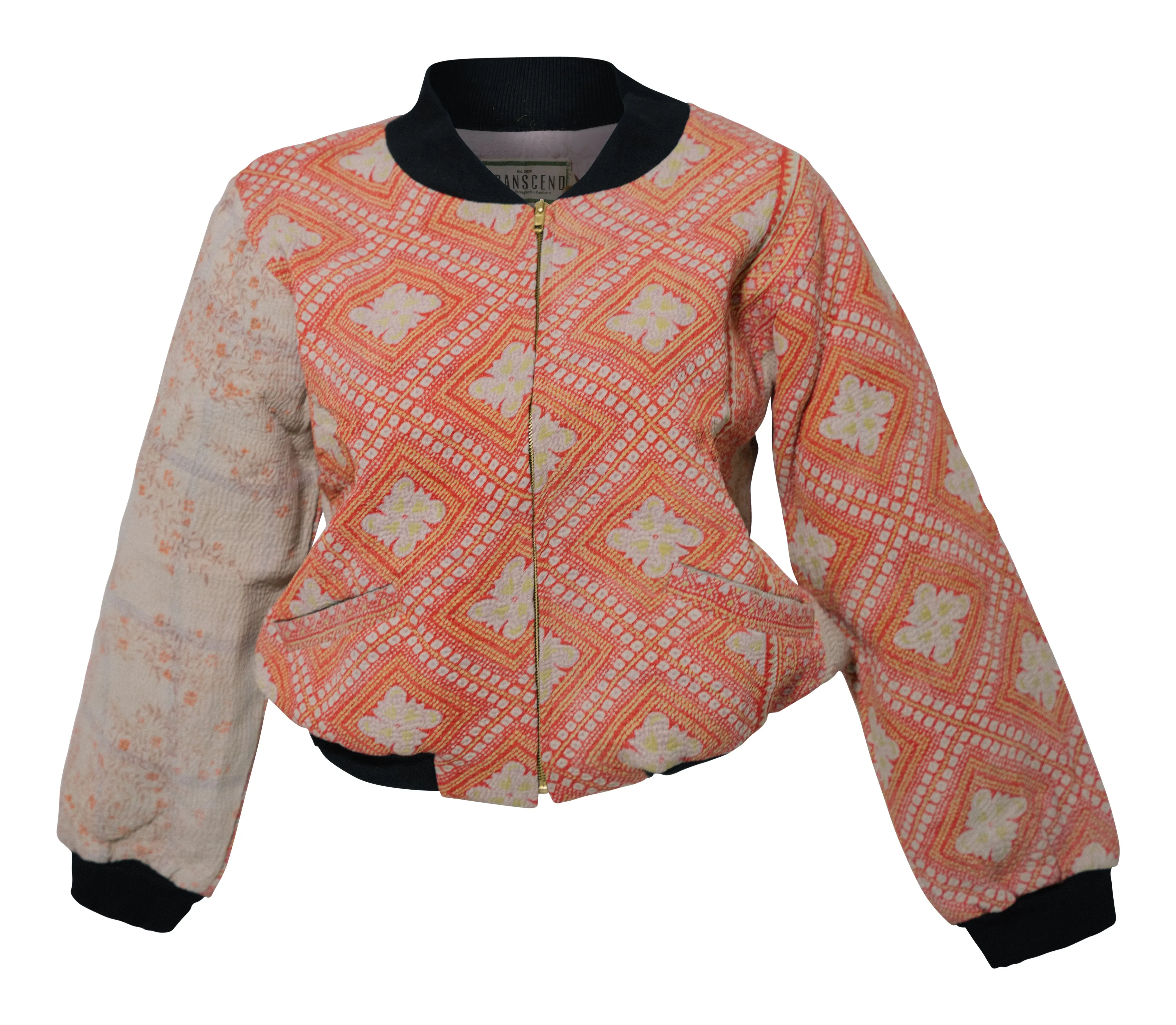 NADIA BOMBER JACKET - Vintage Kantha - Orange & White