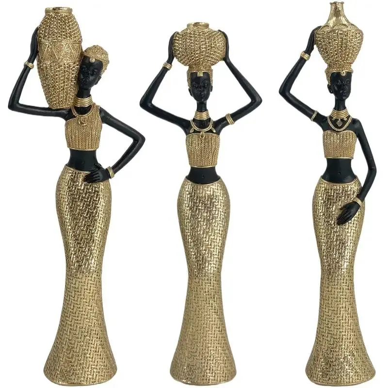 African Woman Statue Decor, 3 Counts/set Creative Tribal Art Figurine, Desktop Ornament for Home Office Bookshelf Table Decoration