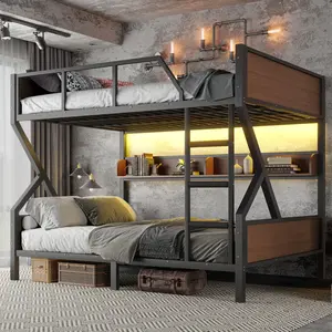 Queen Over Queen Bunk Bed Frame with Storage Shelves, Metal Bunk Beds with Ladders and LED Lights, Heavy-duty Bunkbed for Bedrooms, Guest Rooms and Dorms, No Box Spring Needed and Noise-free Design, Black