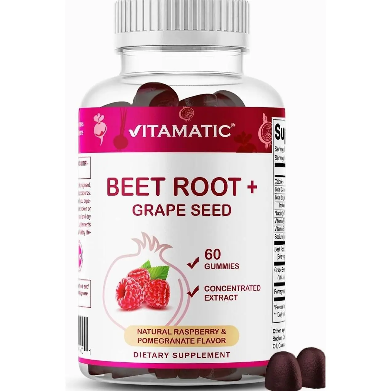 Vitamatic Beet Root Gummies with B6, B12, Grape Seed, Pomegranate & Nicotinamide – Plant-Based Extract – Vegan, Non-GMO – Botanical Supplement Gummies – 60 Count
