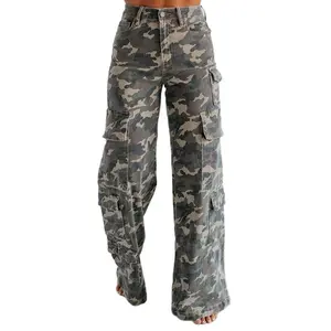 Women Camouflage Cargo Pants Straight Wide Leg Trousers Jeans with Pockets