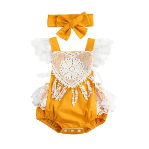 Newborn Baby Girl Lace Romper Ruffle Sleeveless Backless  Jumpsuit Bodysuit with Headband Summer Clothes