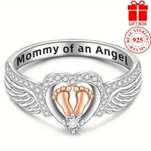 Sterling Silver Two-Tone Baby Feet Heart Ring "Mommy Of An Angel" - Vintage Elegant Style - Mother's Day Jewelry Gifts For Women With Gift Box
