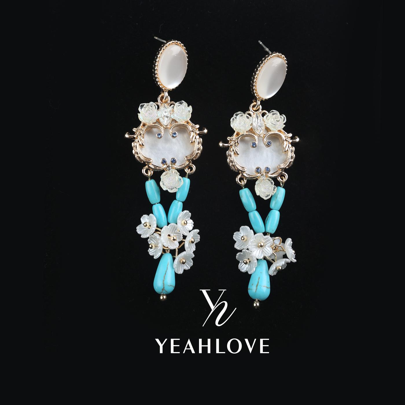 YEAHLOVE Boho Turquoise & Mother-of-Pearl Floral Drop Earrings  925 sterling silver posts — hypoallergenic, sensitive ears friendly. Vintage romantic statement style. Perfect for daily wear, parties, or gifting.