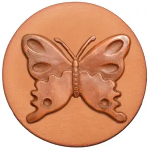 057 Butterfly Rycraft 2" round Cookie Stamp with handle and glaze, for decorating cookies and fondant as well as paper and clay crafts. Handmade in the USA since 1968.