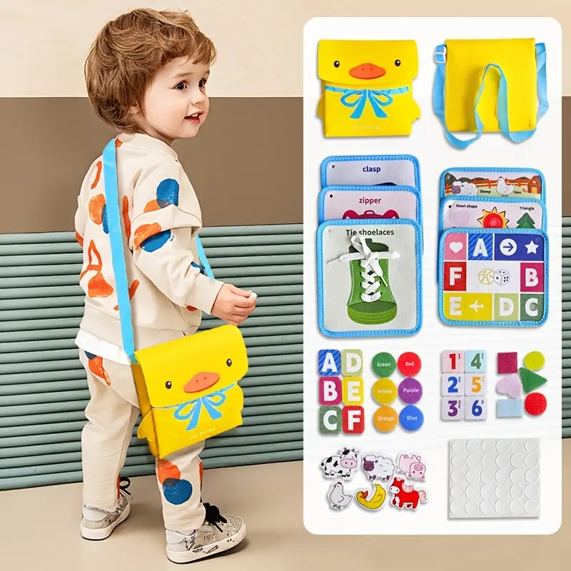 Montessori Little Yellow Duck Busy Board - Portable Unisex Toddler Playset, Soft Safe Fabric Durable Pretend Food Kids Kitchen Toy for 3-6 Years Learning, Ideal Preschool Development Kit