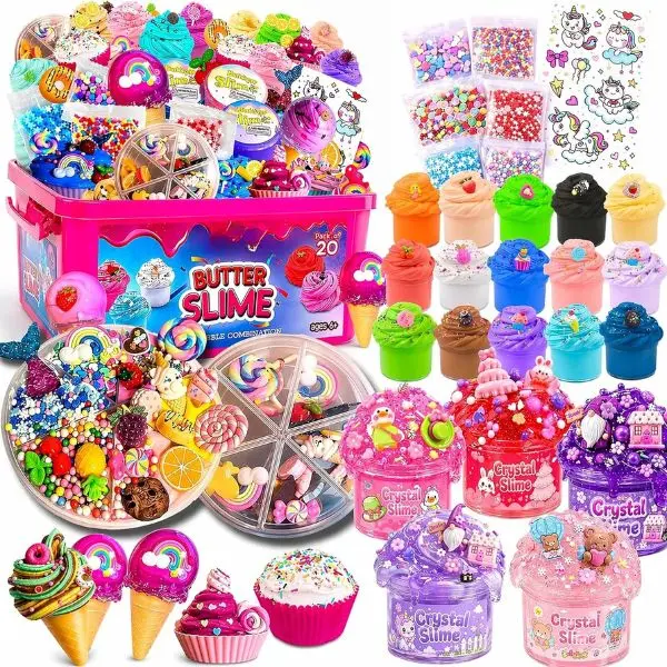 Halloween fall Gift Jumbo Butter Slime Kit for Girls Ages 8-12 -49 Pcs-20 Colorful Slimes Including 15 Butter Slime & 5 Crystal Slimes, Charms Kit & More Accessories - Non Toxic, Non Sticky Slime for Kids - Sensory Toys