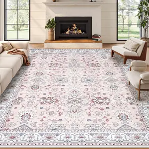 Garvee 8x10 Area Rug for Living Room, Washable Vintage Printed Soft Rugs, Non Slip Low Pile Carpet for Bedroom, Dining Room, Living Room, Pink