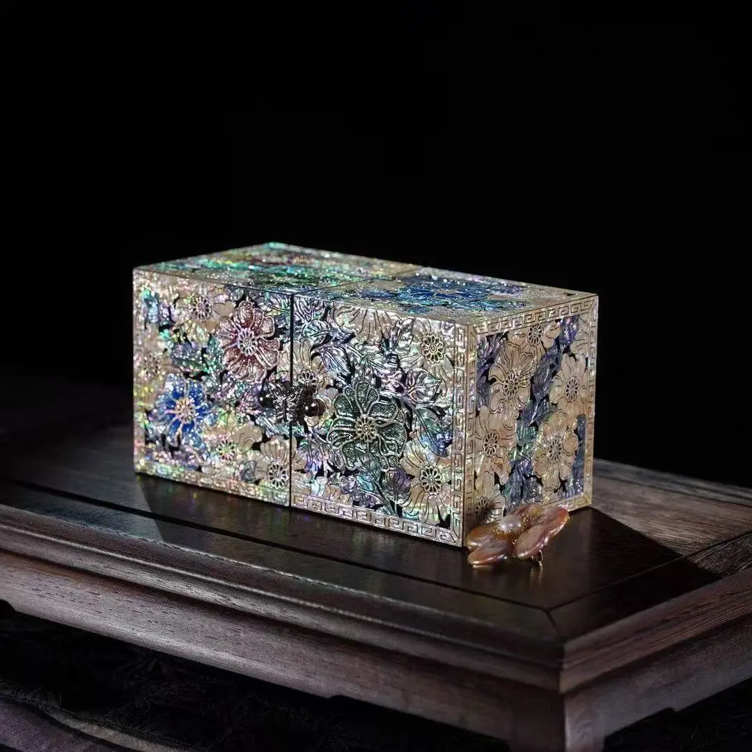 Handmade Chinese Mother of Pearl Lacquer Double Open Jewelry Chest, 4-Drawer Keepsake Storage Box, Vintage Oriental Jewelry Organizer