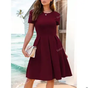 Vintage Simple - Party Ladies Cocktail V Neck Solid Color Dress