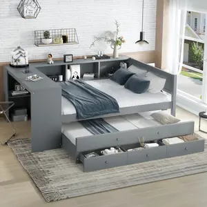 Full Size Daybed Frame with Desk, Bookcase Headboard and Twin Size Trundle, Solid Wood Platform Day Bed Frame with Storage Drawers and Side Shelves, No Spring Box Needed
