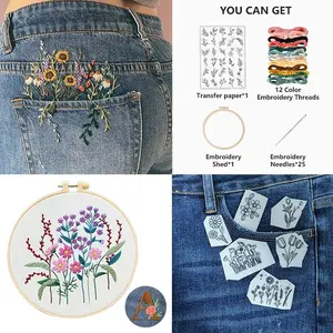 Handmade Embroidery DIY Kit Includes Self-Adhesive Stickers Tools and Threads – Floral Plant and Animal Patterns for Customizing Clothing Pattern Embroidery and Floral Themes Perfect for Jeans