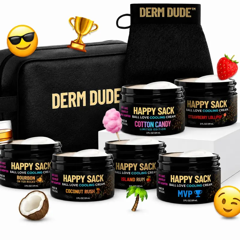 Men's Skincare 6-Pack Sack Set - Best Value Top Scents (New Cotton Candy, Strawberry Lollipop, MVP, Coconut Rush, Island Rum, Bourbon) + Free Leather Travel Bag + Free Sack Scrubber- Clinically Proven Odor Elimination with DeoPlex