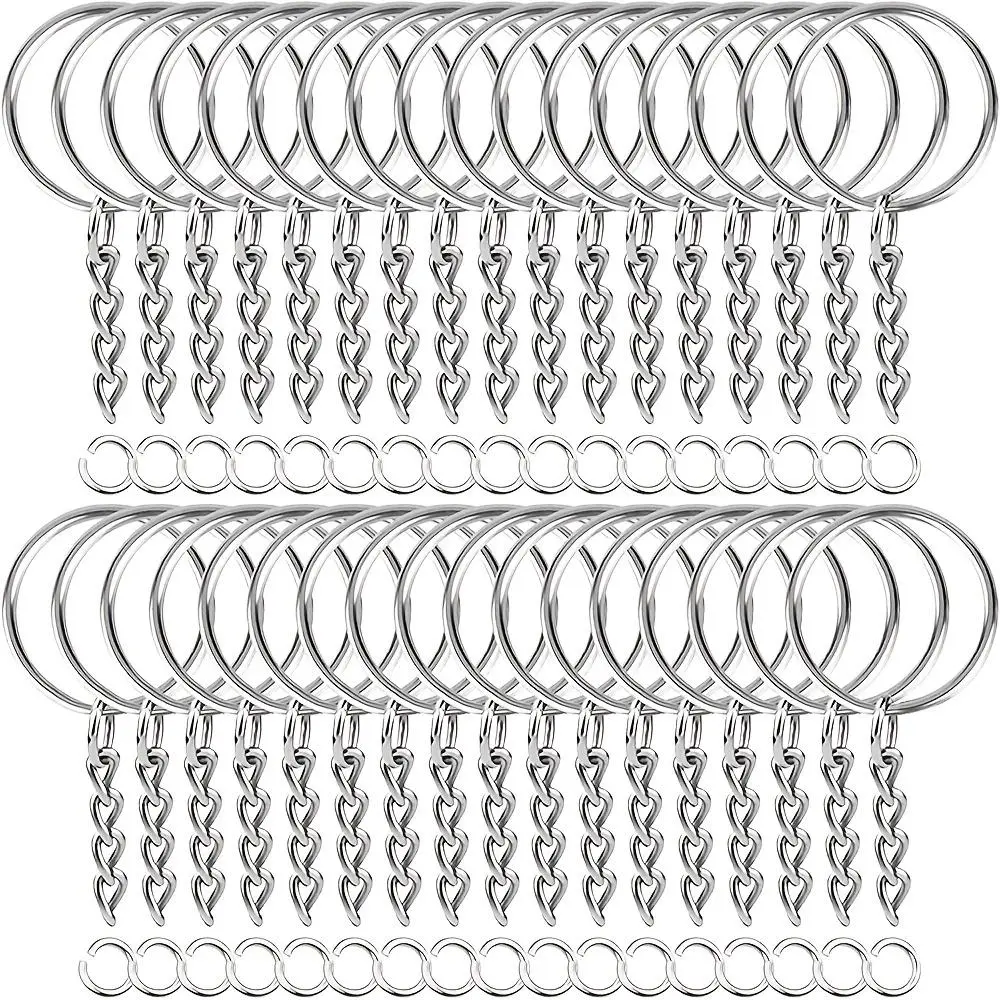 30pcs Silver Plated Metal Blank Keyring Keychain Split Key Ring with Chain Climbing Buckles Carabiner Keychain Rings Accessories