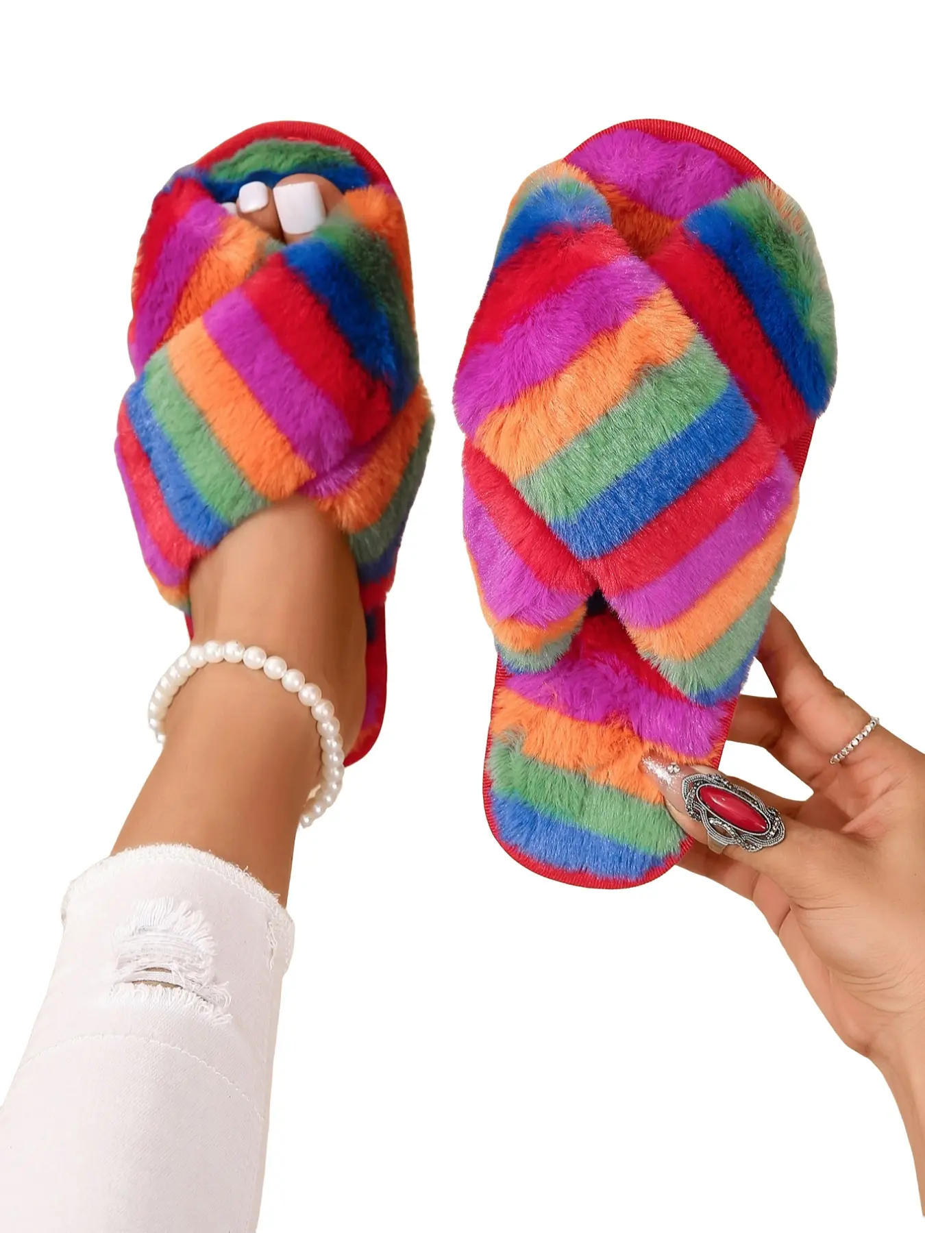 Women's Rainbow Stripe Pattern Plush Slippers, Casual Soft Comfortable Home Slippers, Fashionable Soft Slippers, Warm Slippers for Indoor & Outdoor Use for Fall & Winter, Soft Cushioned Slippers, Trendy Casual Slippers, Slipper Shoes