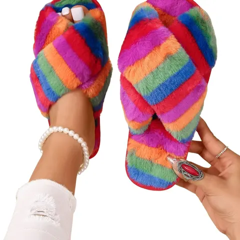 Women's Rainbow Stripe Plush Slippers, Soft Cushioned Cozy House Slippers for Indoor/Outdoor, Fall & Winter, Trendy Casual Warm Slippers, Warm Indoor Footwear