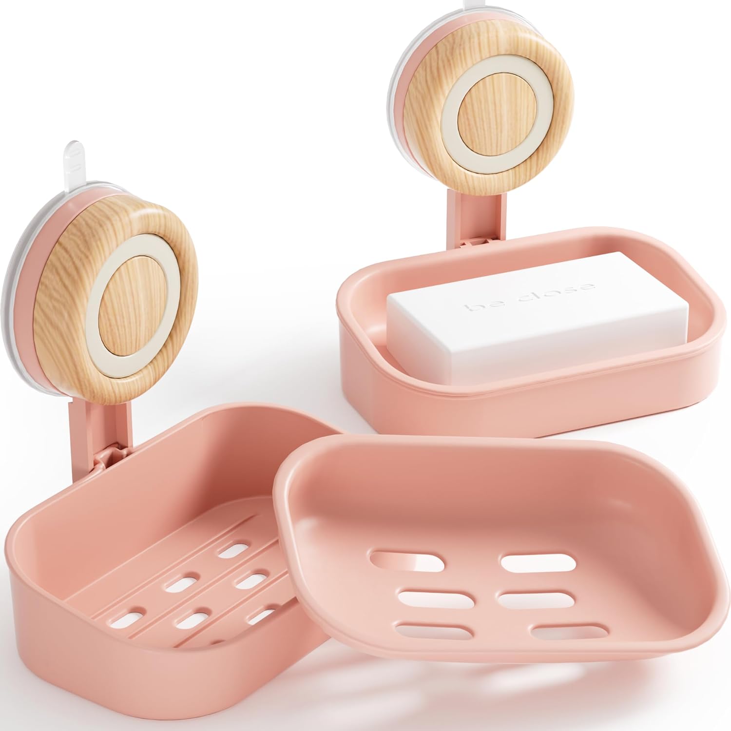 Double Layer Soap Dish for Shower 2 Pack, Wall Mounted Bar Soap Holder Suction Cup 2 Layer Self Draining Soap Case Sponge Holder for Shower Bathroom, Tub and Kitchen Sink, Pink