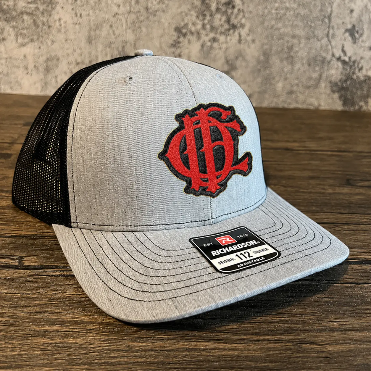 Richardson 112 Trucker Hat - Chicago Fire Department (CFD) Leather Patch Snapback Cap, Heather Grey-Black/Full Black, Firefighter Gift, All Seasons Sports & Outdoor Mesh Back Adjustable Gear, First Responder, Black/Grey