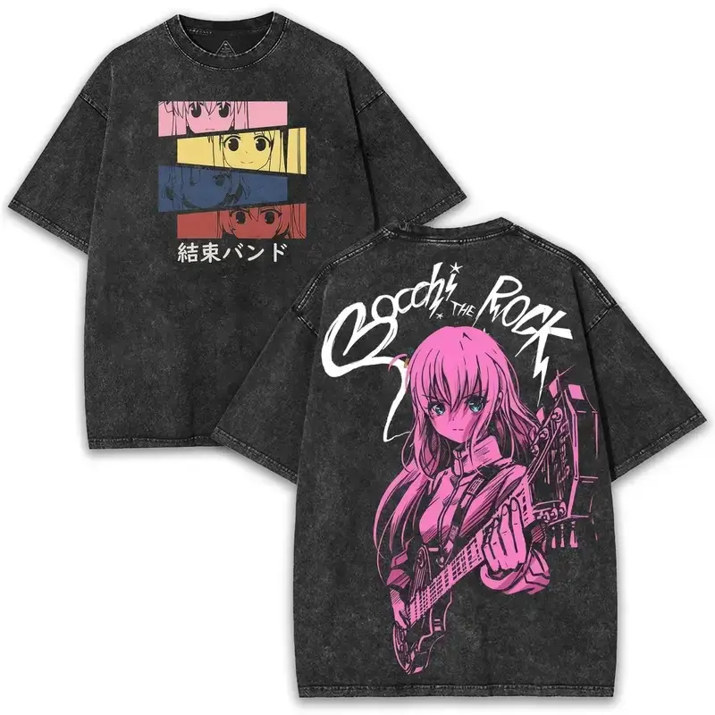 Men's Retro Washed Black Crew Neck Oversized Short-Sleeve T-Shirt - Menswear, Rock Band Style Streetwear, Pink Anime Girl & Guitar Print Digital Graphic Kawaii Casual Tops (2XL, 3XL), All Seasons Round Neck Tees, Shortsleeve, Anime Print