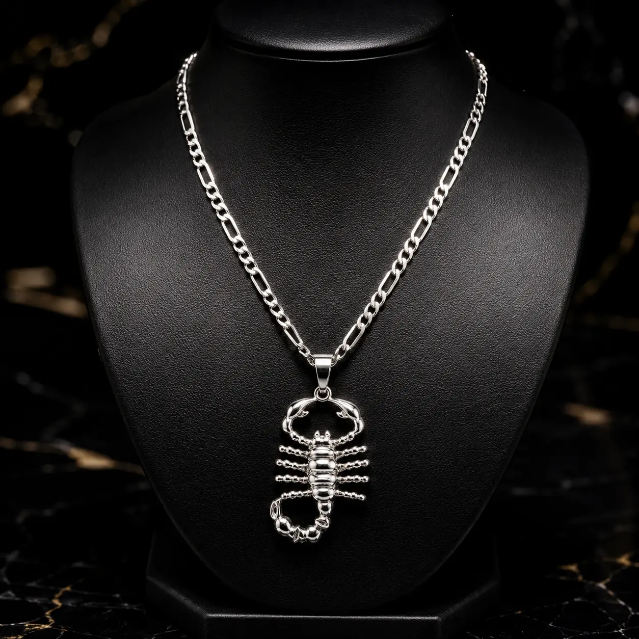 S925 Silver Scorpion Necklace, Scorpion Motif Pendant with 4MM Flat Figaro Flat Chain, 24In Length