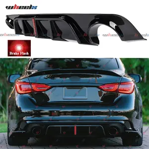 2024-2014 Infiniti Q50 – Rear Bumper Diffuser Rear Lip w/ Flashing Vertical LED Brake Light | Gloss Black Carbon Fiber ABS | All Trims Fit