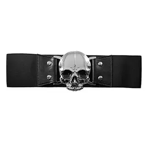 Gothic Chrome Skull Elastic Waist Belt - Horror Fashion Accessory