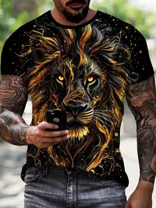 Men's 3D Lion Graphic T-Shirt, Bold and Gold Animal Print Short Sleeve Casual Top, Digital Heat Transfer, Ideal for Parties and Outdoor Style, Aesthetics, Streetwear, Menswear