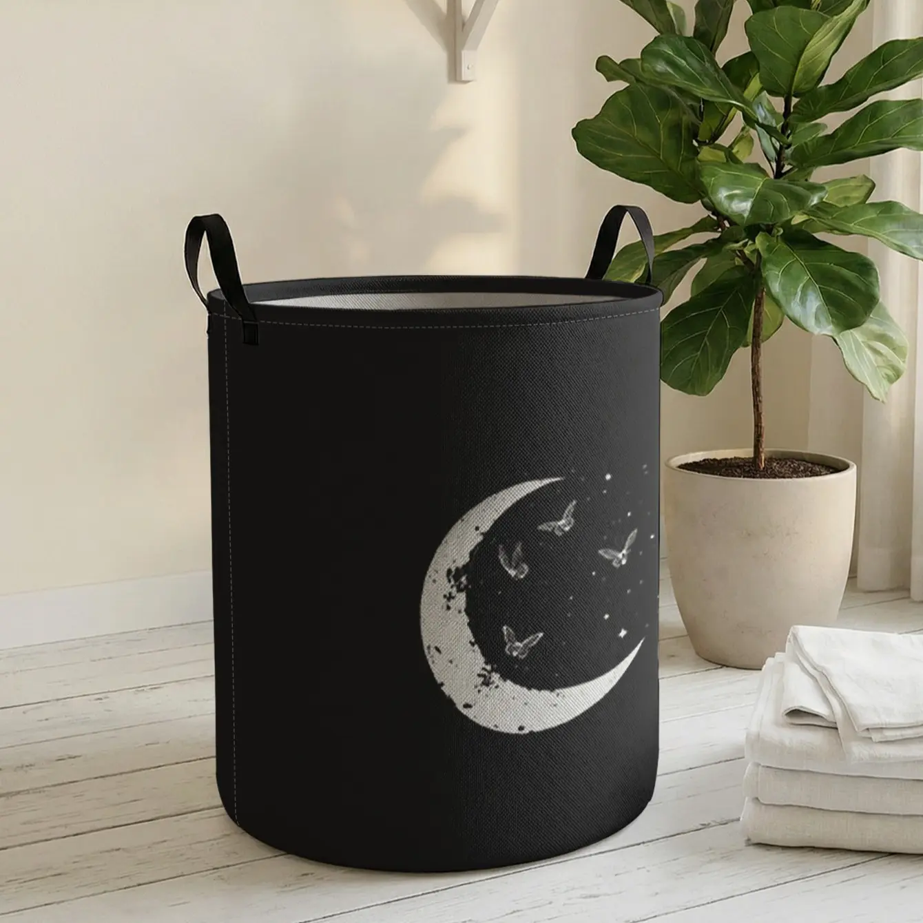 Butterfly Moon Print Portable Laundry Basket with Handle, Durable Halloween Home Foldable Dirty Clothes Storage, Laundry Organizers and Storage, Large Capacity Toy Organizer, Collapsible Laundry Hamper, Clothes Baskets