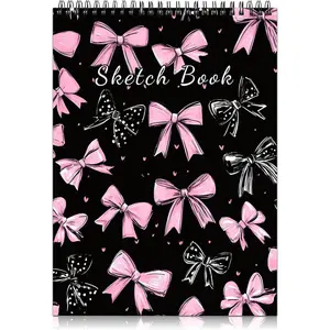 Cute Sketchbook Top Spiral Bound Sketch Pad, 9 x 12 inch,100GSM Thick Paper,50 Sheets 100 Pages,Art Sketch Book Artistic Writing Drawing Paper for Girls Women Beginners-Black Pink Bowknot
