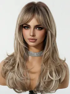 24-inch medium-long wavy medium-length brown highlighted synthetic hair wig. Natural heat-resistant hair synthetic wig. Suitable for women's daily use, parties and commutes. Wavy Wiglet