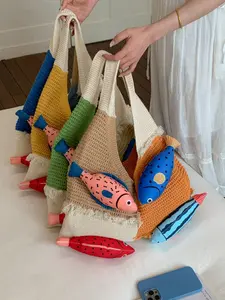 2026 New Colorblock Cartoon Fish Knit Handbag, Forest Style Vacation Large Capacity Handwoven Shoulder Bag, Summer Resort Atmosphere Tote Bag