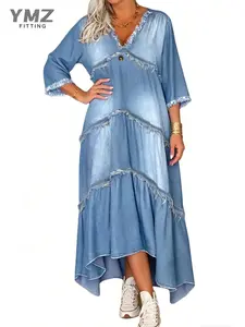 Womenswear Denim Maxi Dress Asymmetrical— V-Neck, Raw-Hem, Casual Long Denim Dress; the Ultimate Choice for Everyday Wear—Comfortable, Soft,fit and Versatile. Boho
