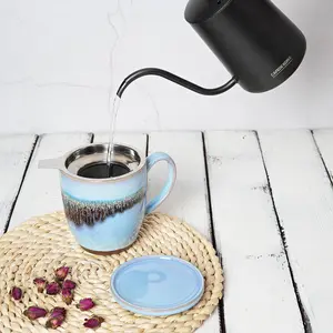 16oz Ceramic Tea Cup with Infuser and Lid – Loose Leaf Tea Mug with Strainer, Handmade Reactive Glaze Tea Steeper Cup, Microwave & Dishwasher Safe Tea Mug for Office & Home